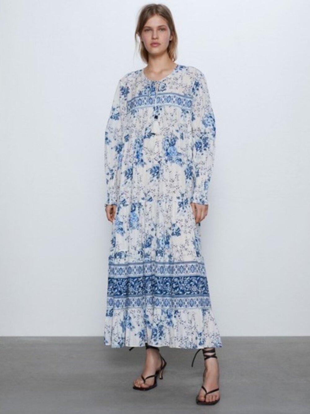 Zara Blue Floral Border Print Bohemian Maxi Dress